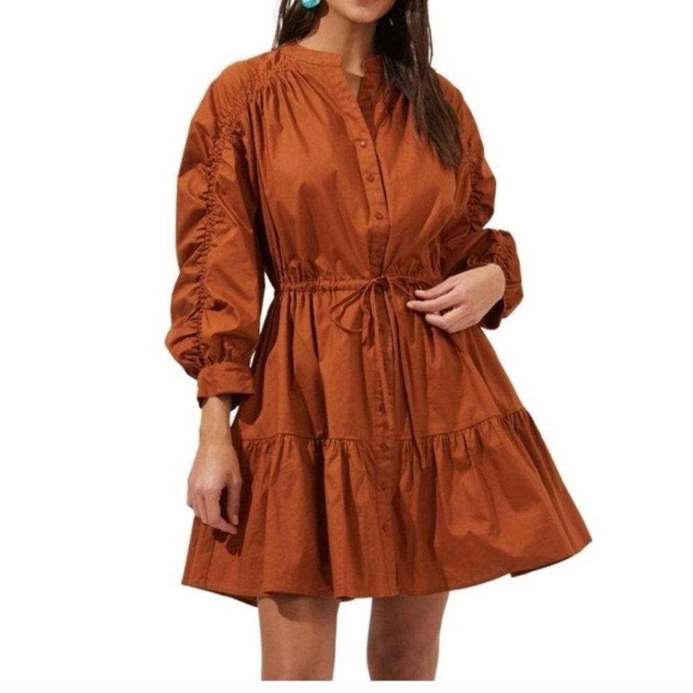 Astr The Label - Cognac Ruched Flounce Button Down Long Sleeve Mini Dress Medium
